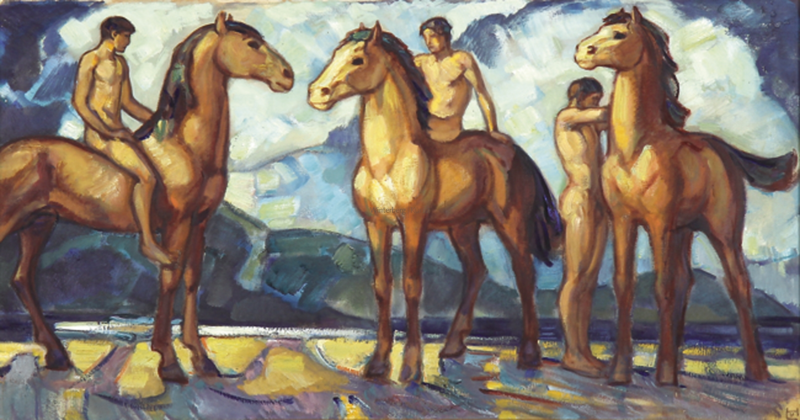 Artwork by Ludwig von Hofmann, Jünglinge mit Pferden in Gebirgslandschaft (auch: Reiter am Gestade).