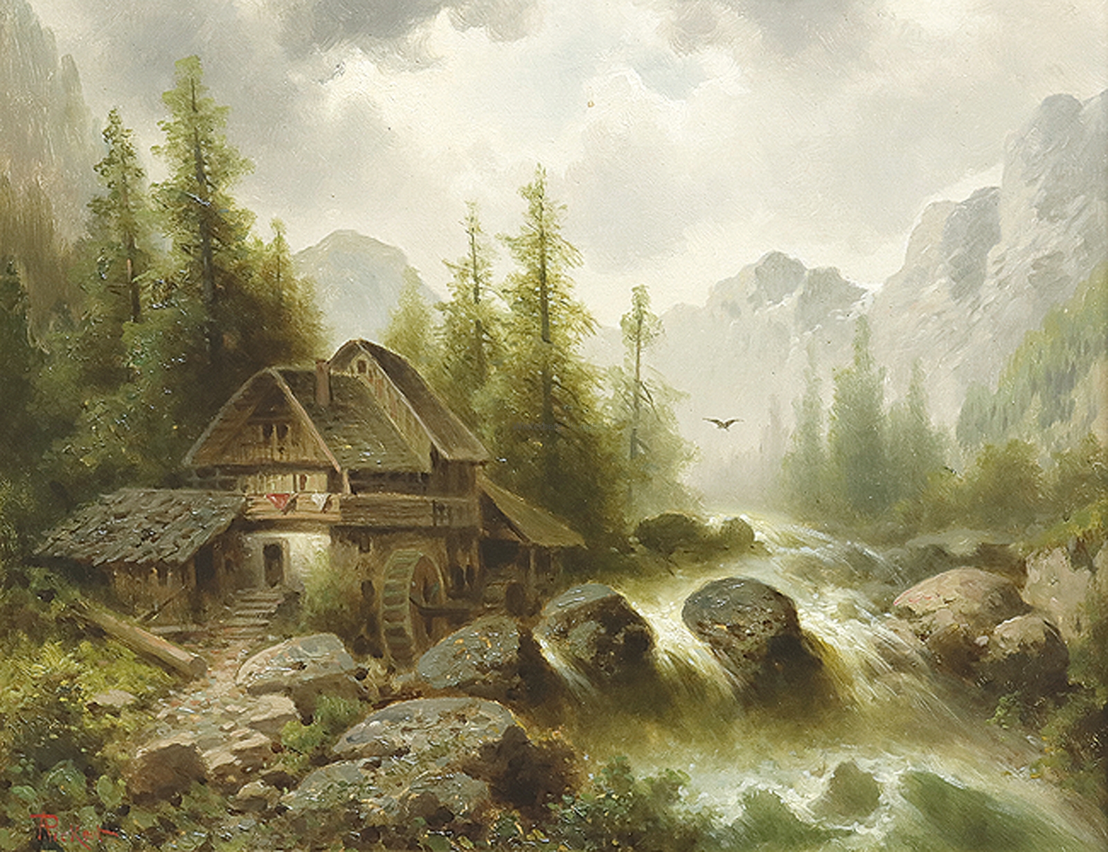 Anton Pickert | Tosender Wildbach mit Mühle im Gebirge. | MutualArt