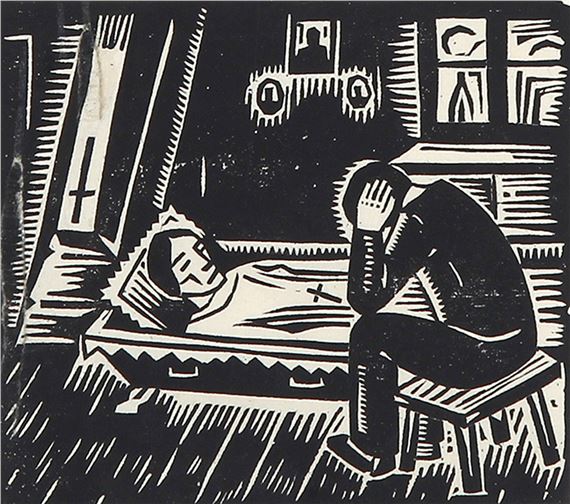 Mann, vor einem im Bett liegenden weiblichen Akt stehend - Um eine im Sarg liegende Frau trauernder Mann.