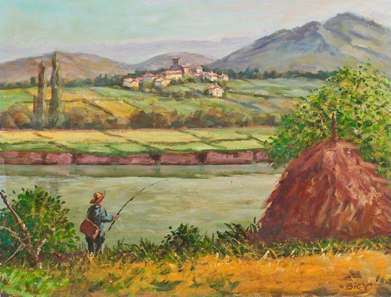 William Biehn | Pêcheur à côté d'une meule de foin, face à un village