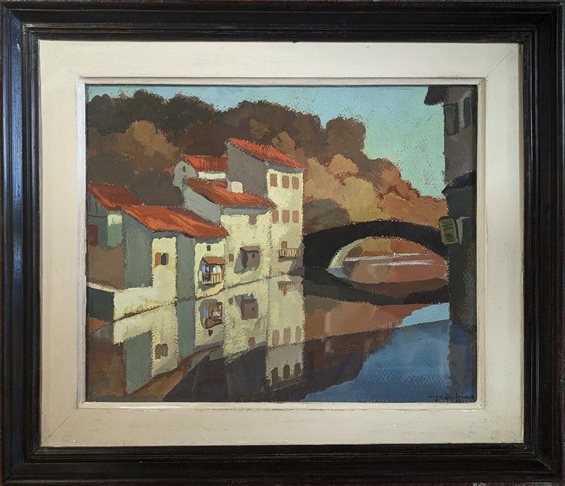 Artwork by Roger Duffaure, Vieux pont à Saint-Jean-Pied-de-Port, Made of Oil on cardboard