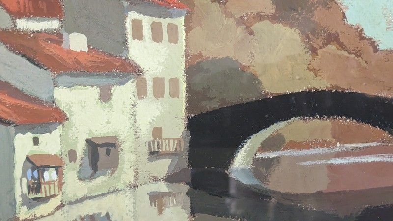 Artwork by Roger Duffaure, Vieux pont à Saint-Jean-Pied-de-Port, Made of Oil on cardboard