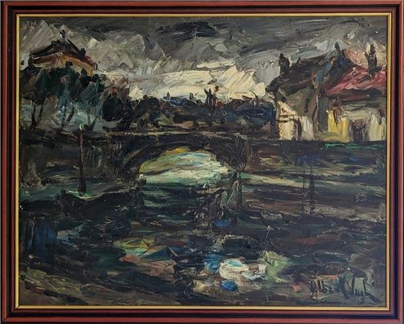 A moody, impressionistic landscape of a bridge over dark water with distant buildings under a turbulent sky.
