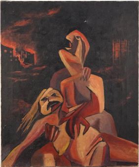 Abstract figures before a burning building - Nigel Seymour Gosling