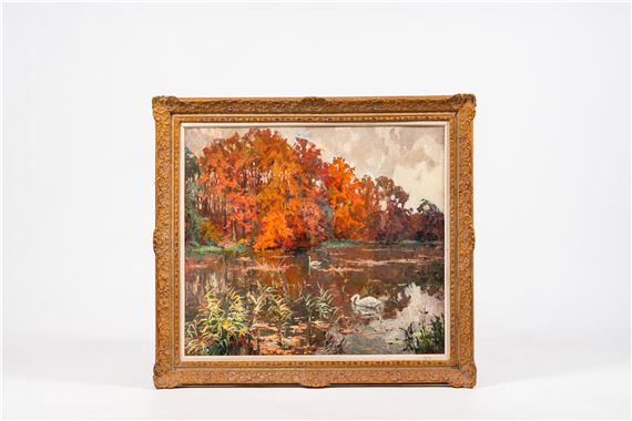 View on a pond with swans in autumn by Jean Stevan