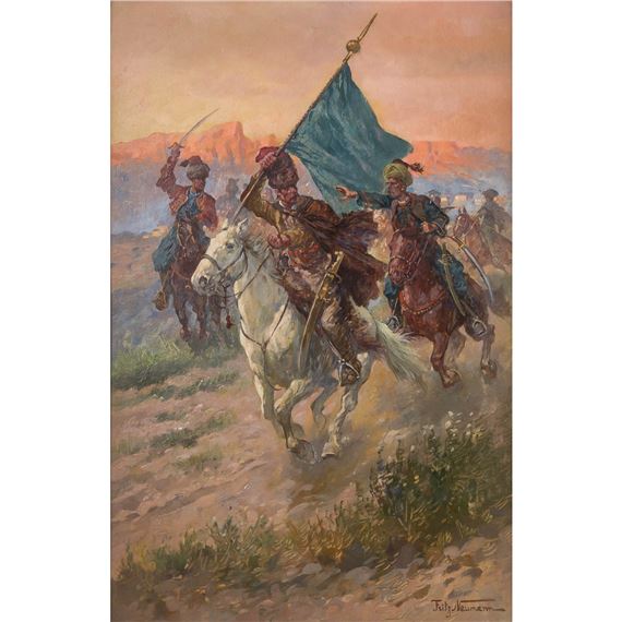 Fritz Neumann | Riding Cossacks with a blue flag | MutualArt