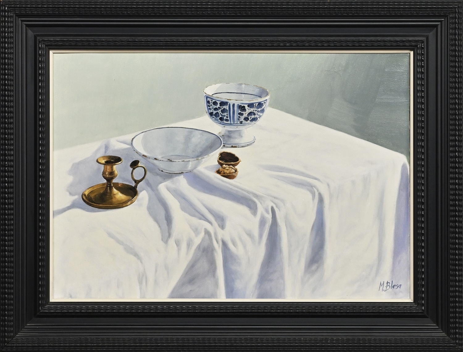 STILL LIFE WITH CERAMICS AND BRASS CANDLESTICK by Manuel Blesa