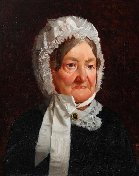 Portrait of a woman in a black dress and a bonnet by Jacob Nöbbe, 1882