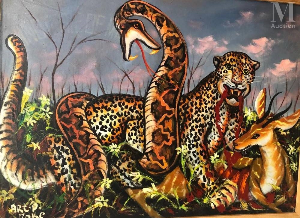 Artwork by Moké, Scène de jungle, Made of Oil on canvas