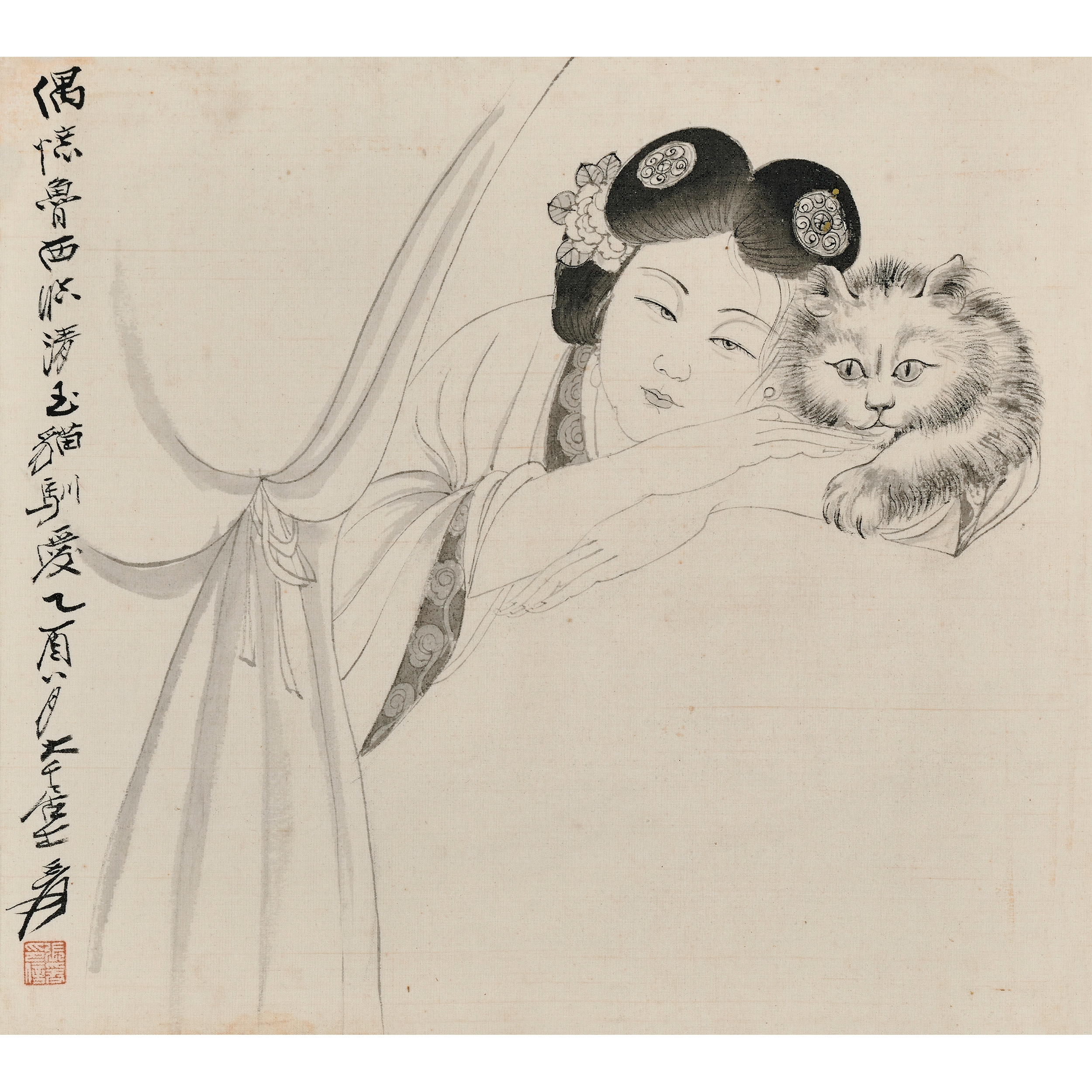 Artwork by Zhang Daqian, Ladies and cats, Made of ink on paper
