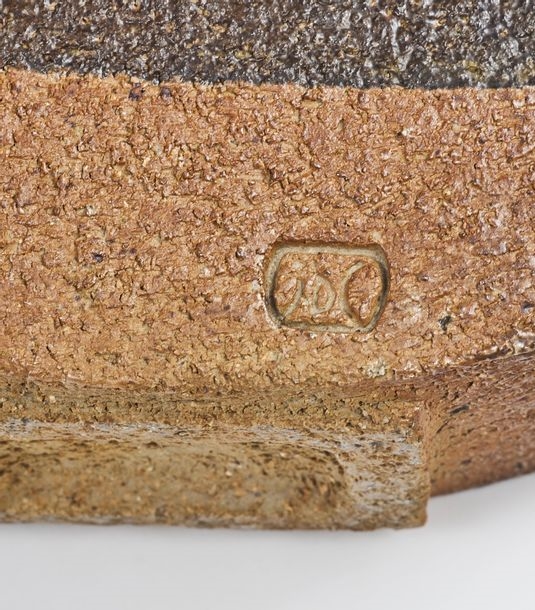 Artwork by Bernard Courcoule, Jacqueline Courcoule, pot, Made of stoneware, with brown enamelled geometric decoration on a brown-orange background