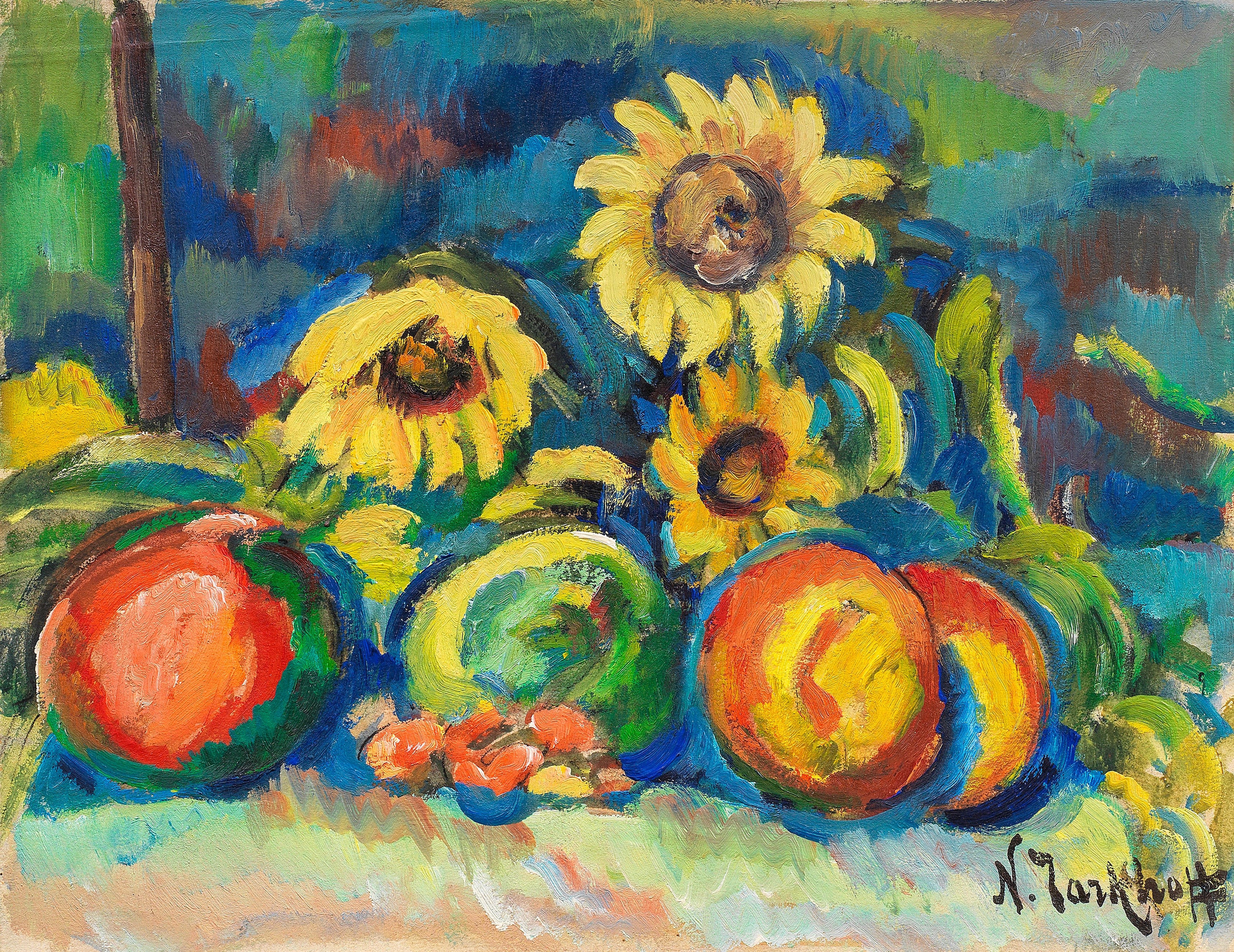 Artwork by Nikolai Alexandrovich Tarkhoff, Nature morte aux fruits et aux tournesols, Made of oil on paper
