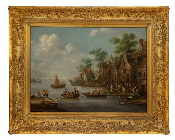 Capriccio of a Dutch Boating Harbour with elegant figures by Eise Aetes Ruytenbach
