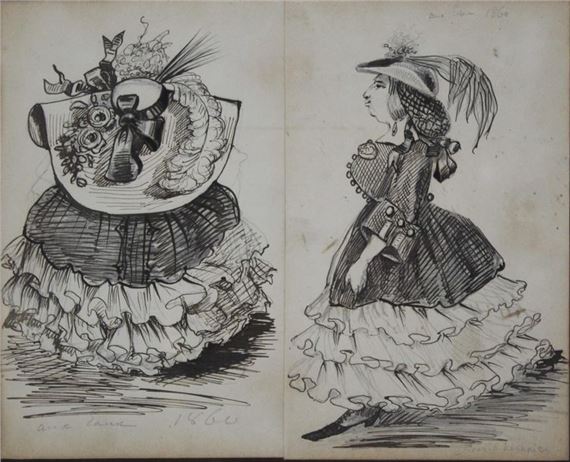 Two caricatures of a woman with a hat by Henry Monnier, 1860