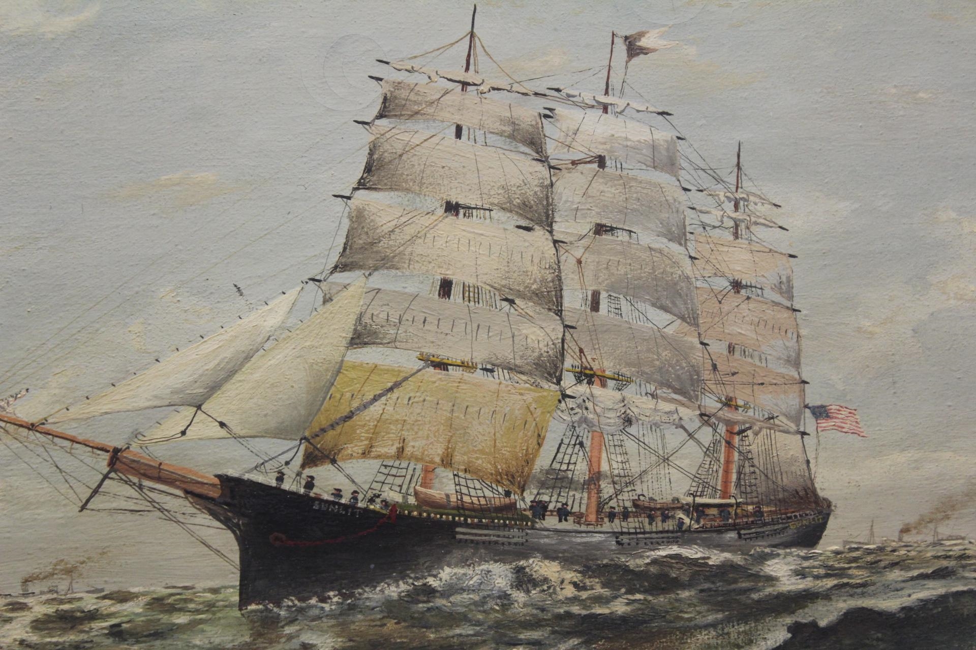 A framed maritime painting of a sailing ship navigating choppy seas under a cloudy sky.