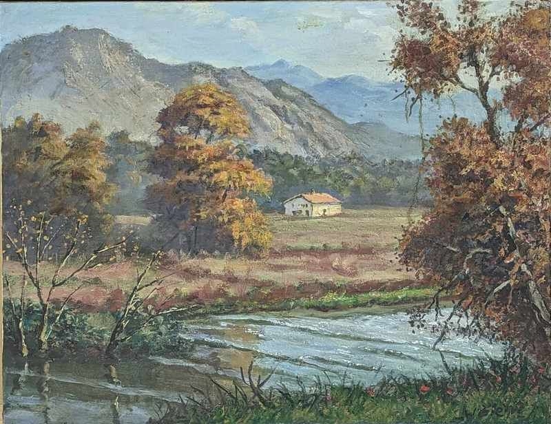 William Biehn | Ferme basque entre montagne et rivière Huile sur toile