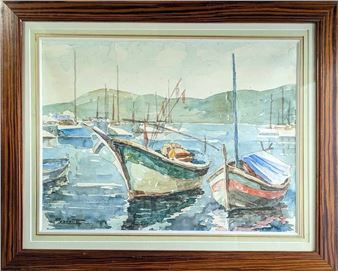 Bateaux dans la baie Aquarelle signée en bas à gauche - Louis Pascault