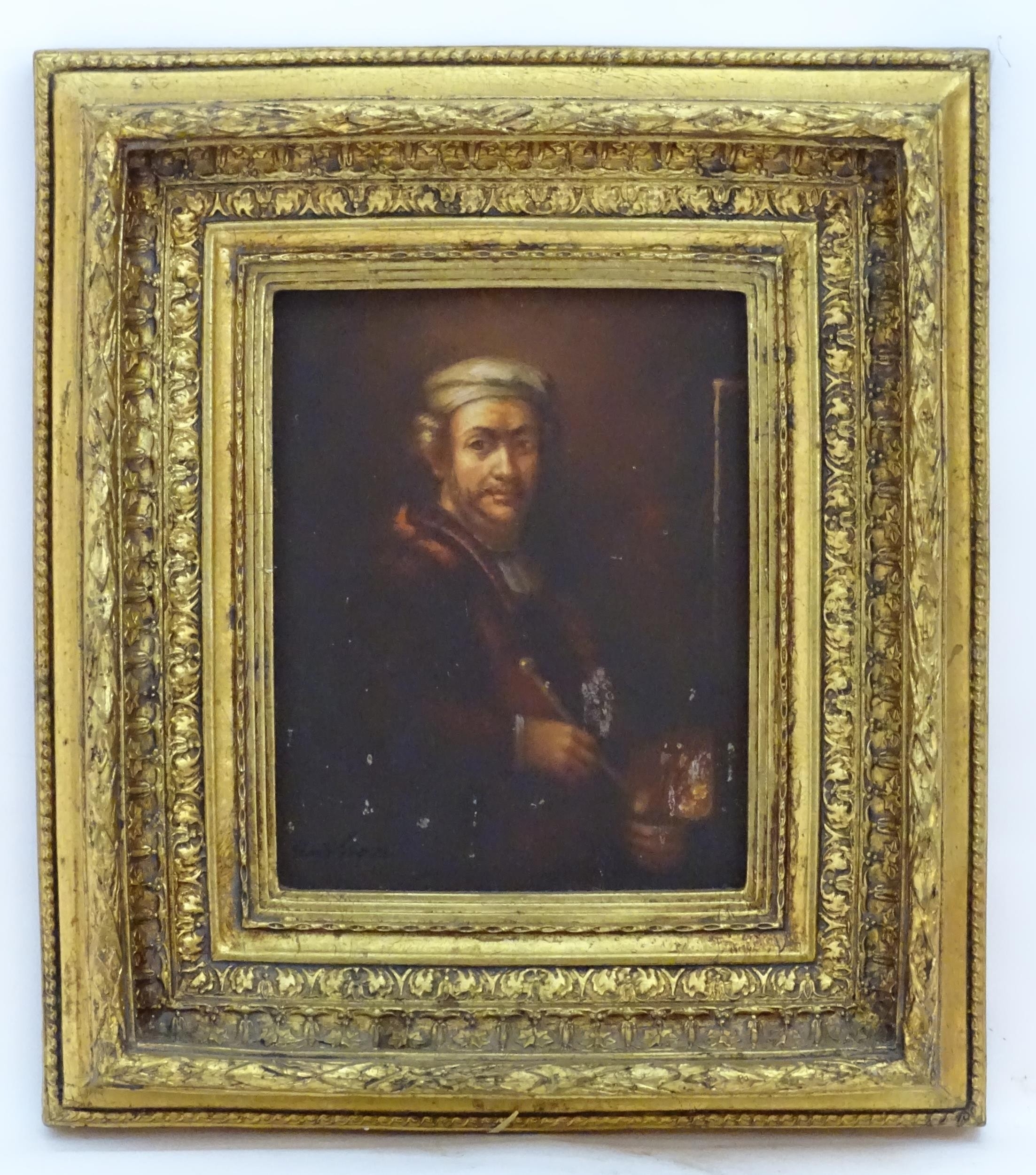 Self portrait at his easel. Indistinctly signed lower left. Approx. 9 1/2" x 7 1/4" by Rembrandt van Rijn, 20th century