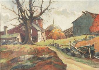 Connecticut 1908-1995 Impressionist depiction of farm buildings beside an old fence and dirt road. Camassar was a widely self taught artist who received constructive advice from fellow artists Robert Brackman and Lars Thorsen. His main subjects were of Southeastern Connecticut towns with the occasional Vermont landscapes - Gershon Camassar