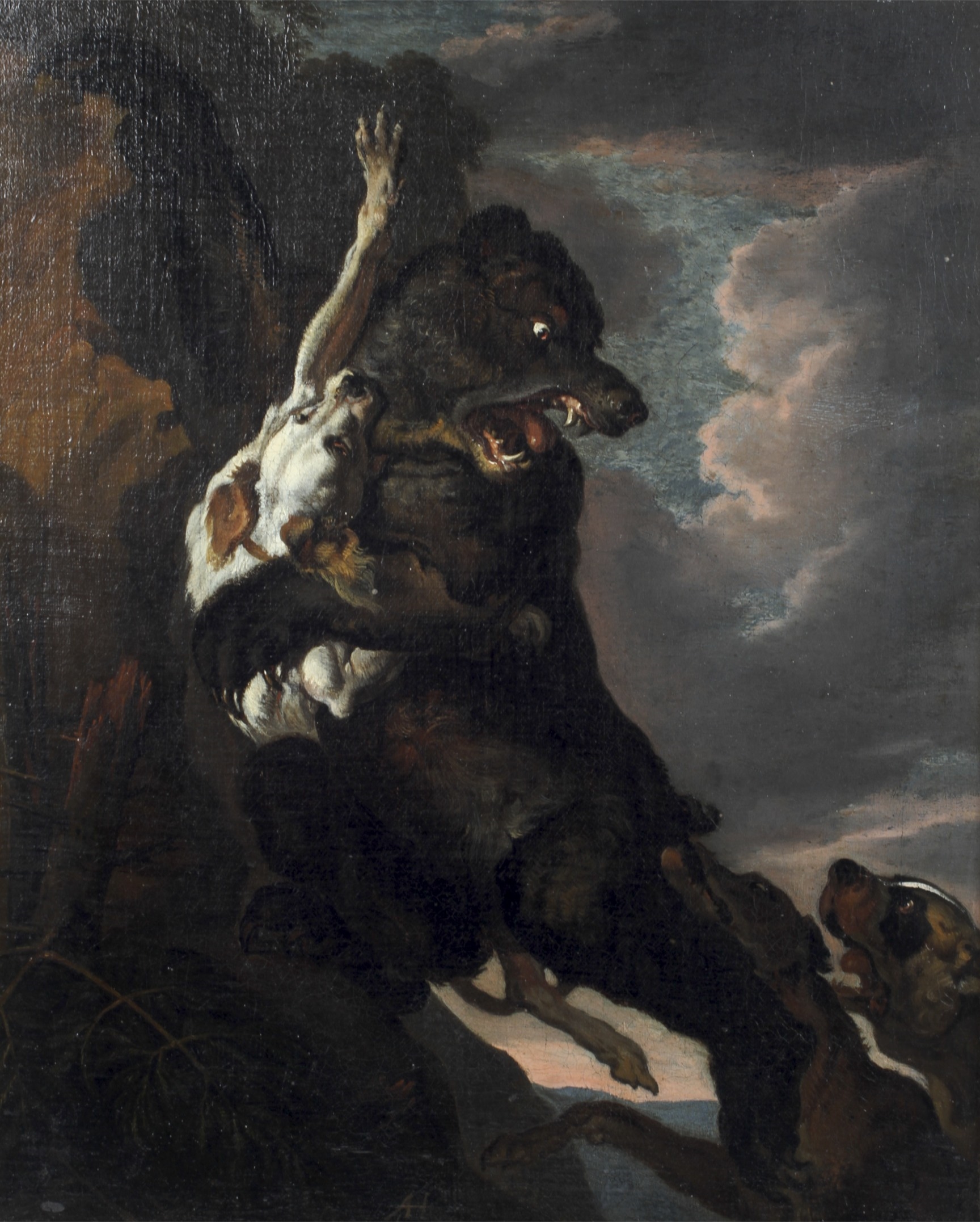 Artwork by Abraham Hondius, Bear baiting group with hounds., Made of oil on canvas