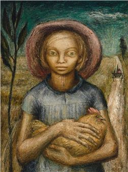 Portrait of Girl with Hen; Portrait of Seated Woman in denim overalls,  (double-sided) - Margaret Cilento