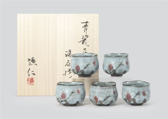 Celadon tea cup in underglaze copper red (a set of 5) - Kenji Kishimoto