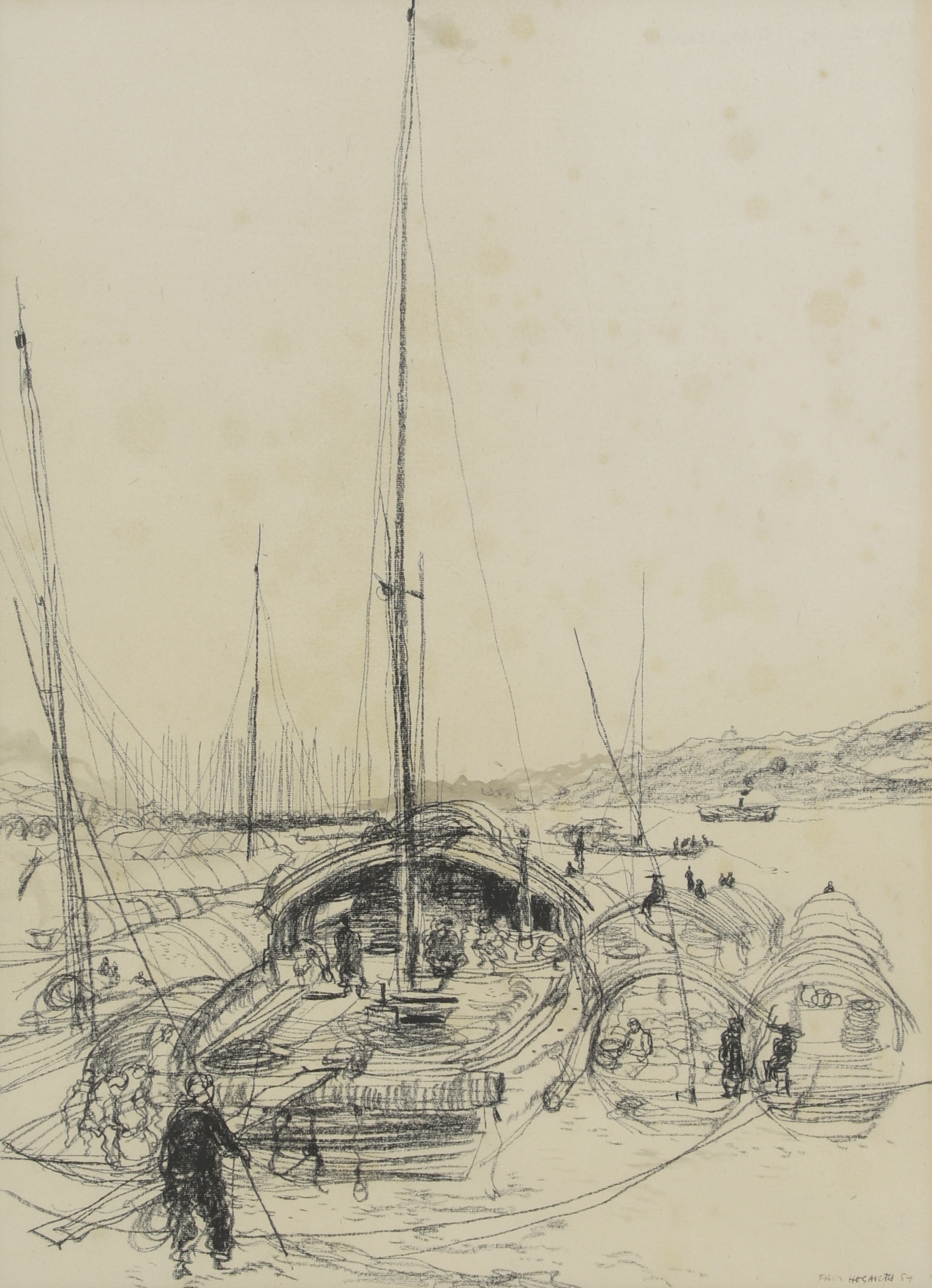 Artwork by Paul Hogarth, Boatmen on the Chang Jiang, Made of charcoal and watercolour