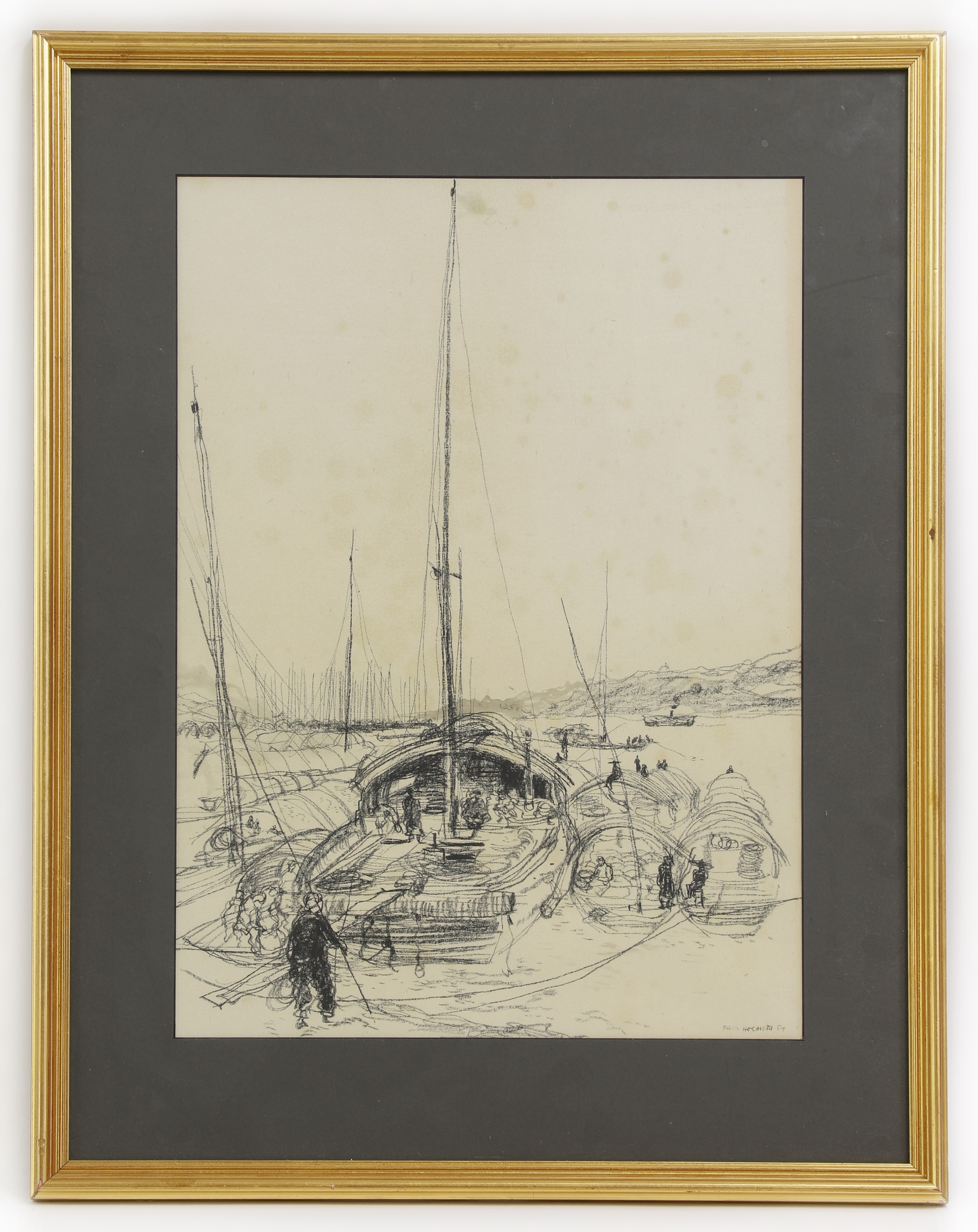 Artwork by Paul Hogarth, Boatmen on the Chang Jiang, Made of charcoal and watercolour