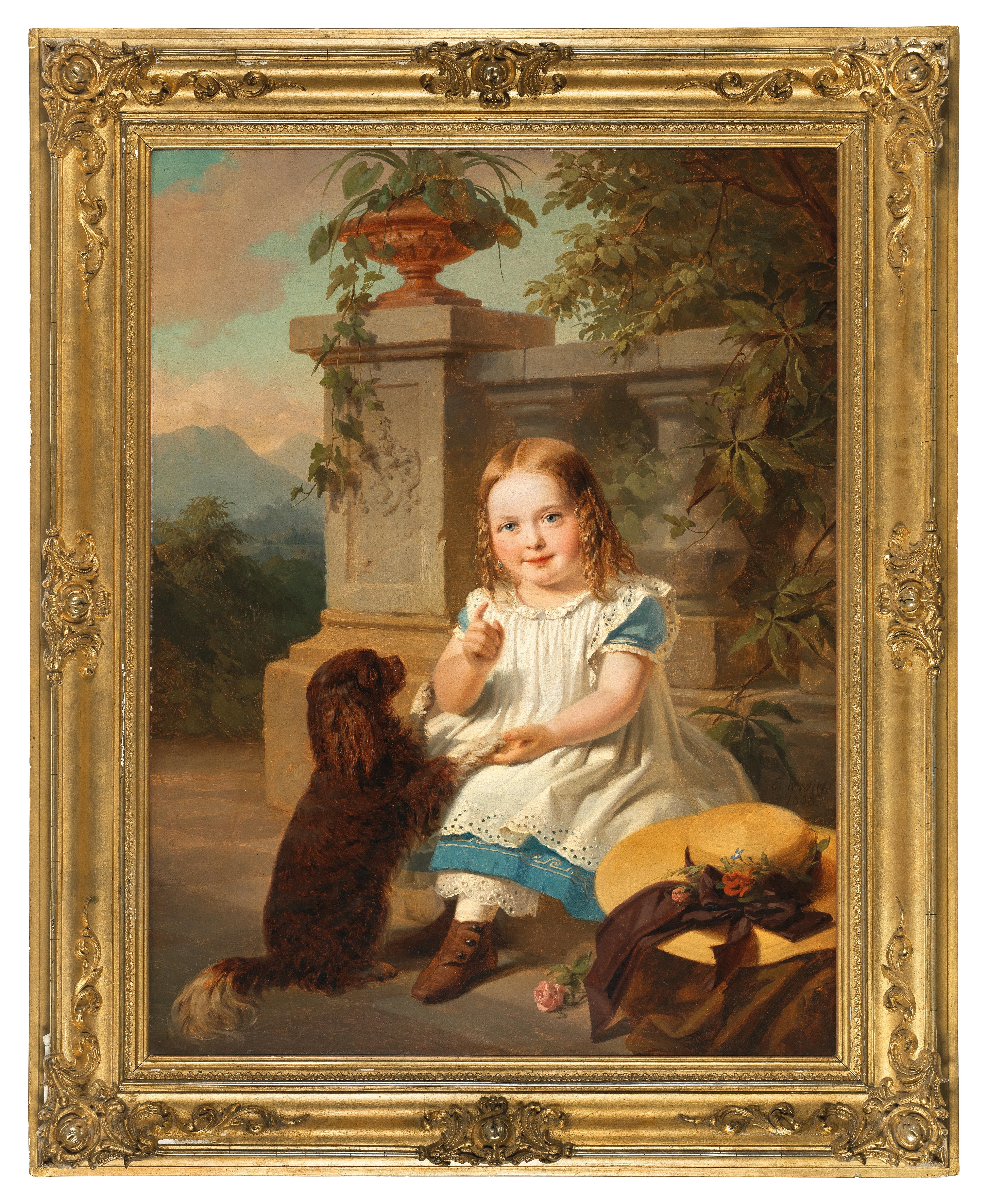 Artwork by Edmund Wodick, Portrait of a Girl with a Dog and a Straw Hat, Made of oil on canvas