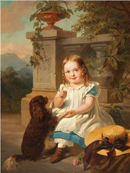 Portrait of a Girl with a Dog and a Straw Hat - Edmund Wodick