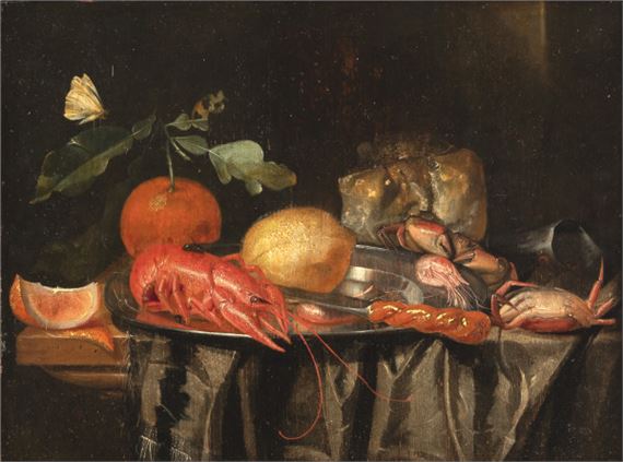 Still life of crabs, shrimps and fruits on a pewter plate. by Harmen Loeding, circa 1637