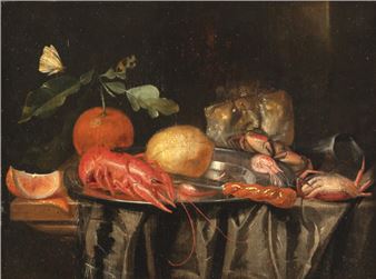 Still life of crabs, shrimps and fruits on a pewter plate. - Harmen Loeding
