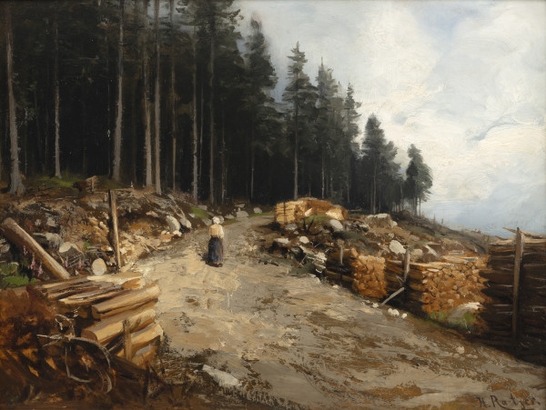 Artwork by Helmuth Raetzer, A peasant woman on a forest path, Made of Oil/cardboard