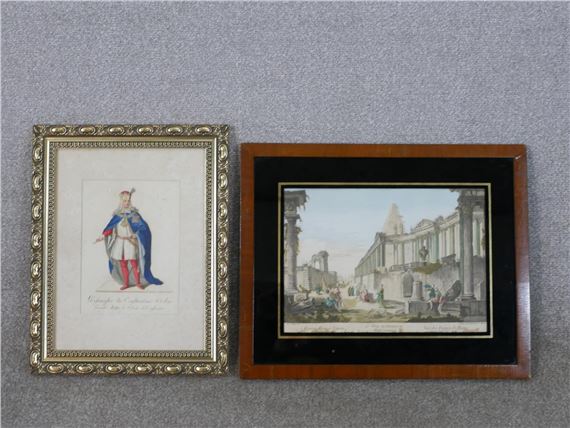 Two framed and glazed 19th century hand coloured engravings by Giovanni Paolo Pannini, 19th century