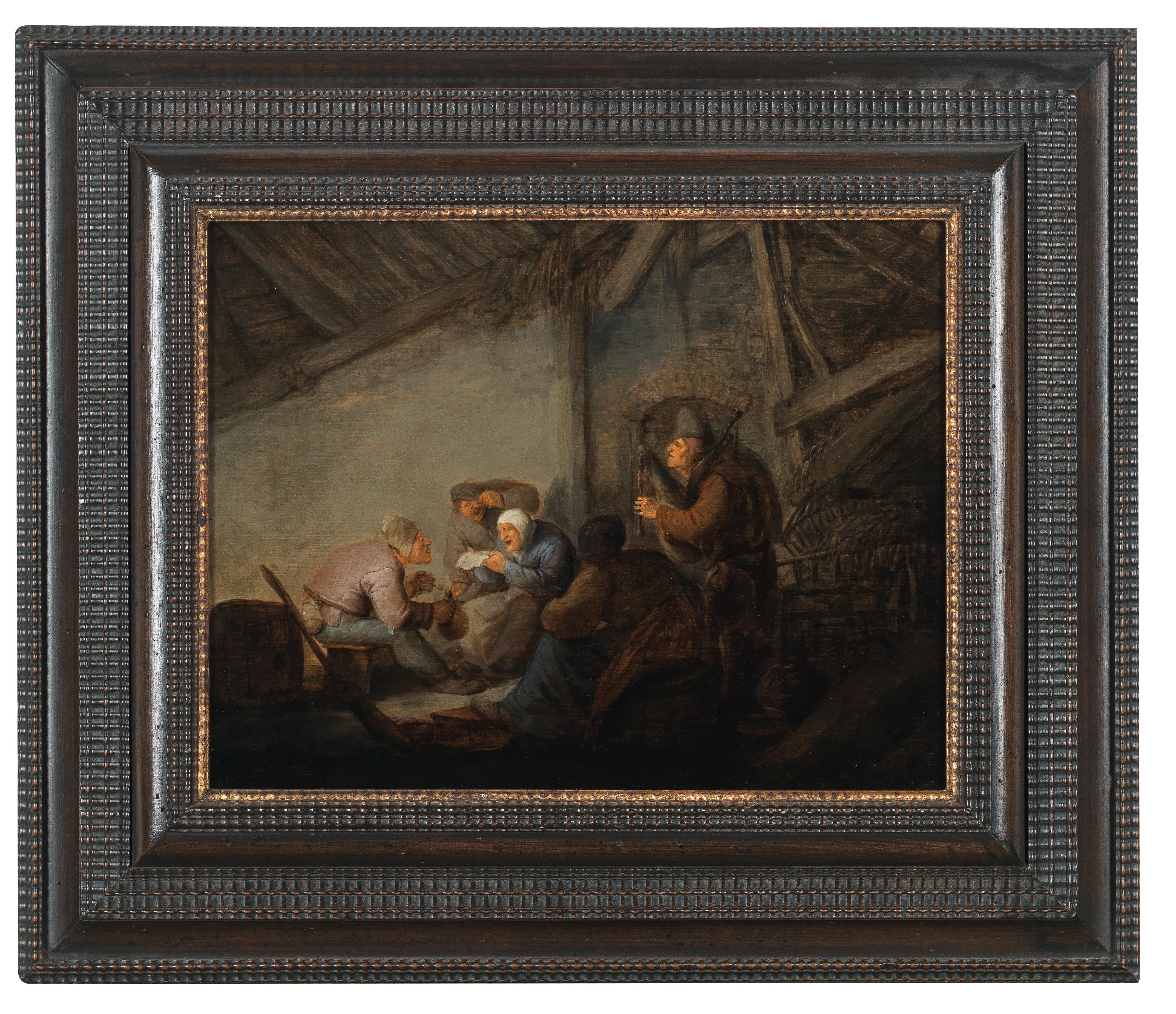 Artwork by Adriaen van Ostade, A tavern interior, with peasants singing and making music,, Made of oil on panel