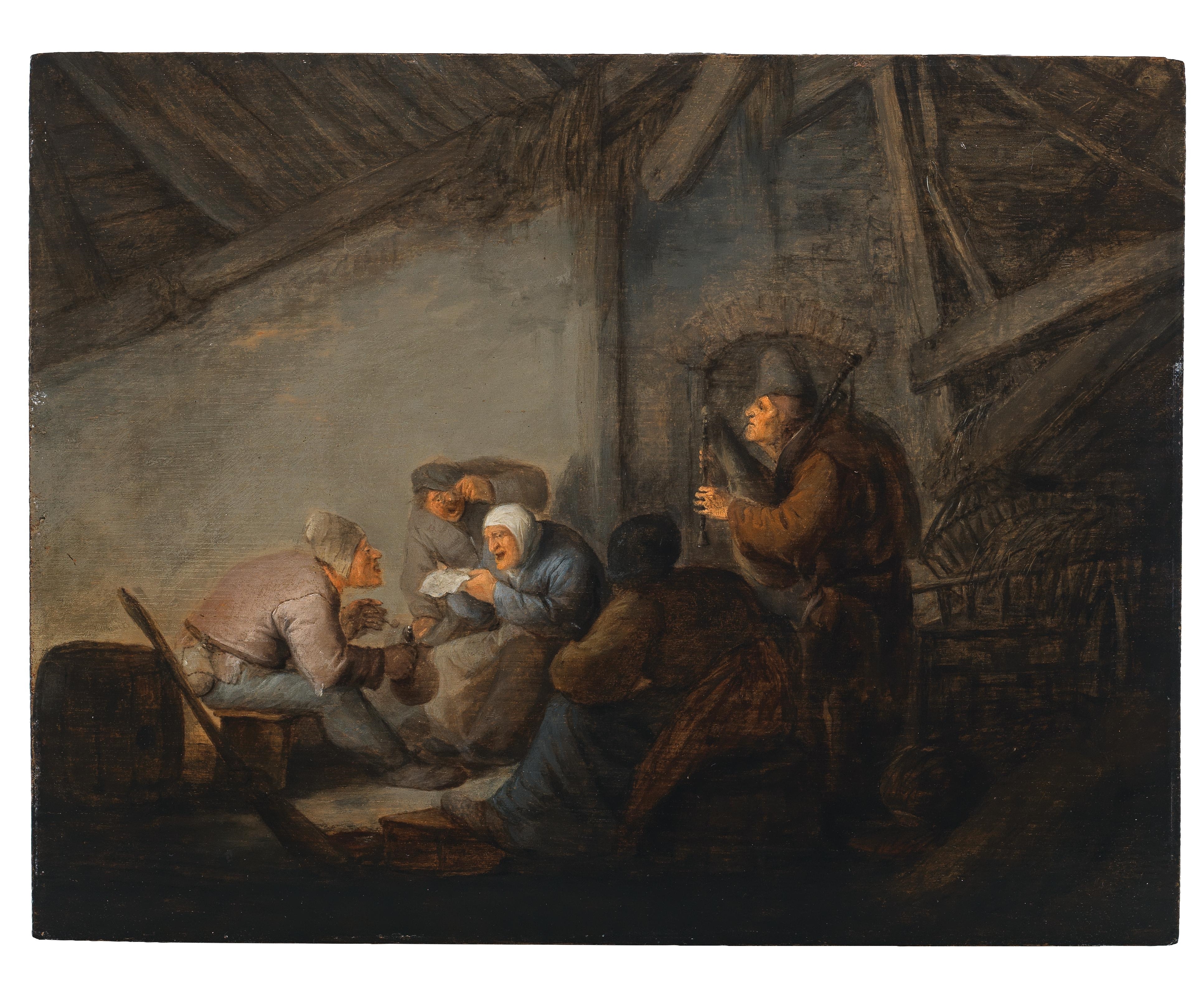 Artwork by Adriaen van Ostade, A tavern interior, with peasants singing and making music,, Made of oil on panel