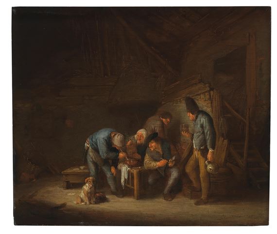 A barn interior, with peasants smoking and drinking, a dog in the foreground, by Adriaen van Ostade, 1640