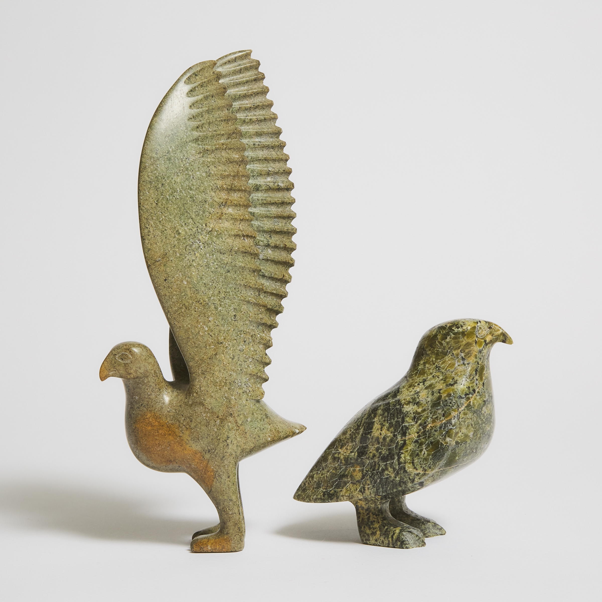 Artwork by Adla Korgak, PERCHED BIRD; BIRD WITH UPSWEPT WINGS, Made of stone