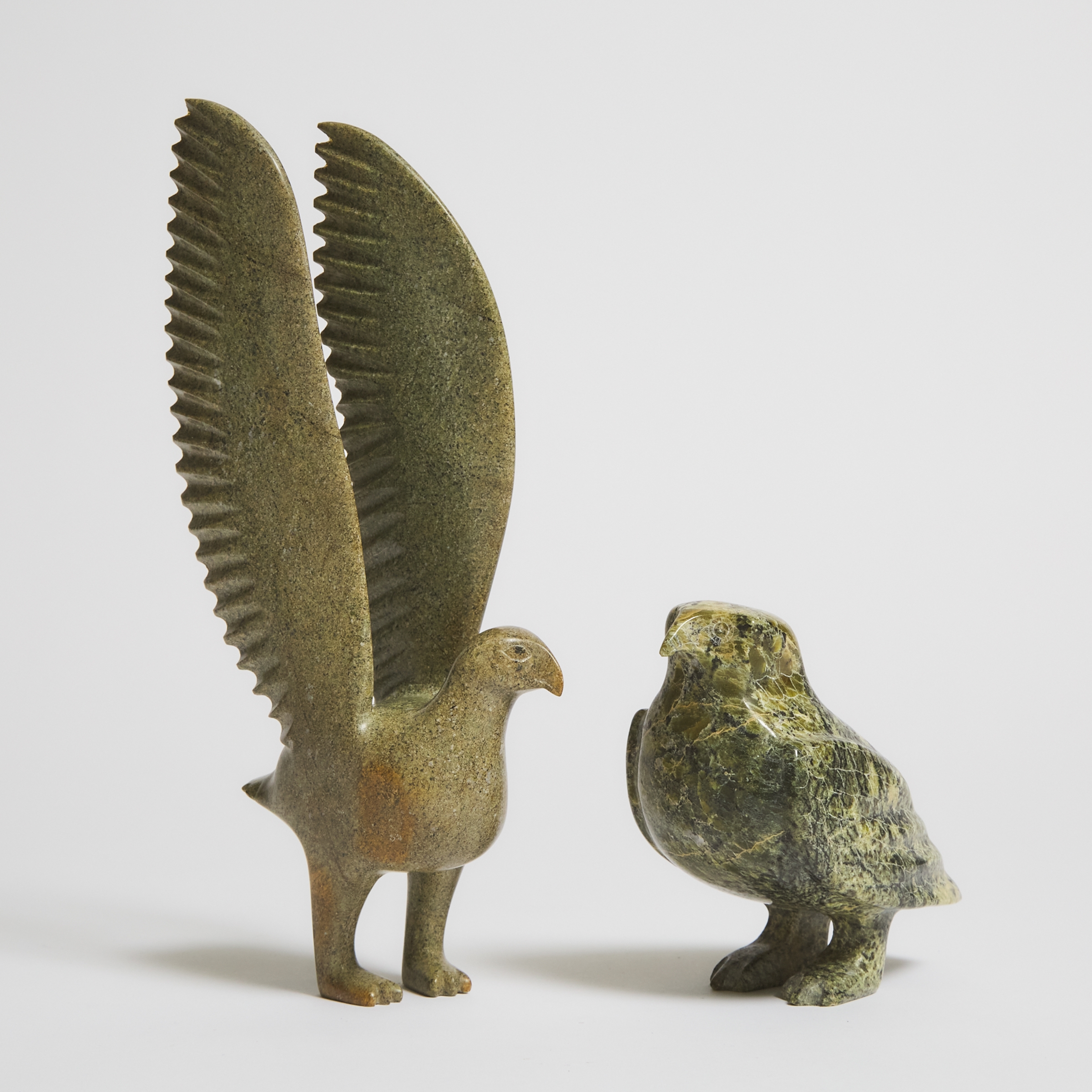 Artwork by Adla Korgak, PERCHED BIRD; BIRD WITH UPSWEPT WINGS, Made of stone