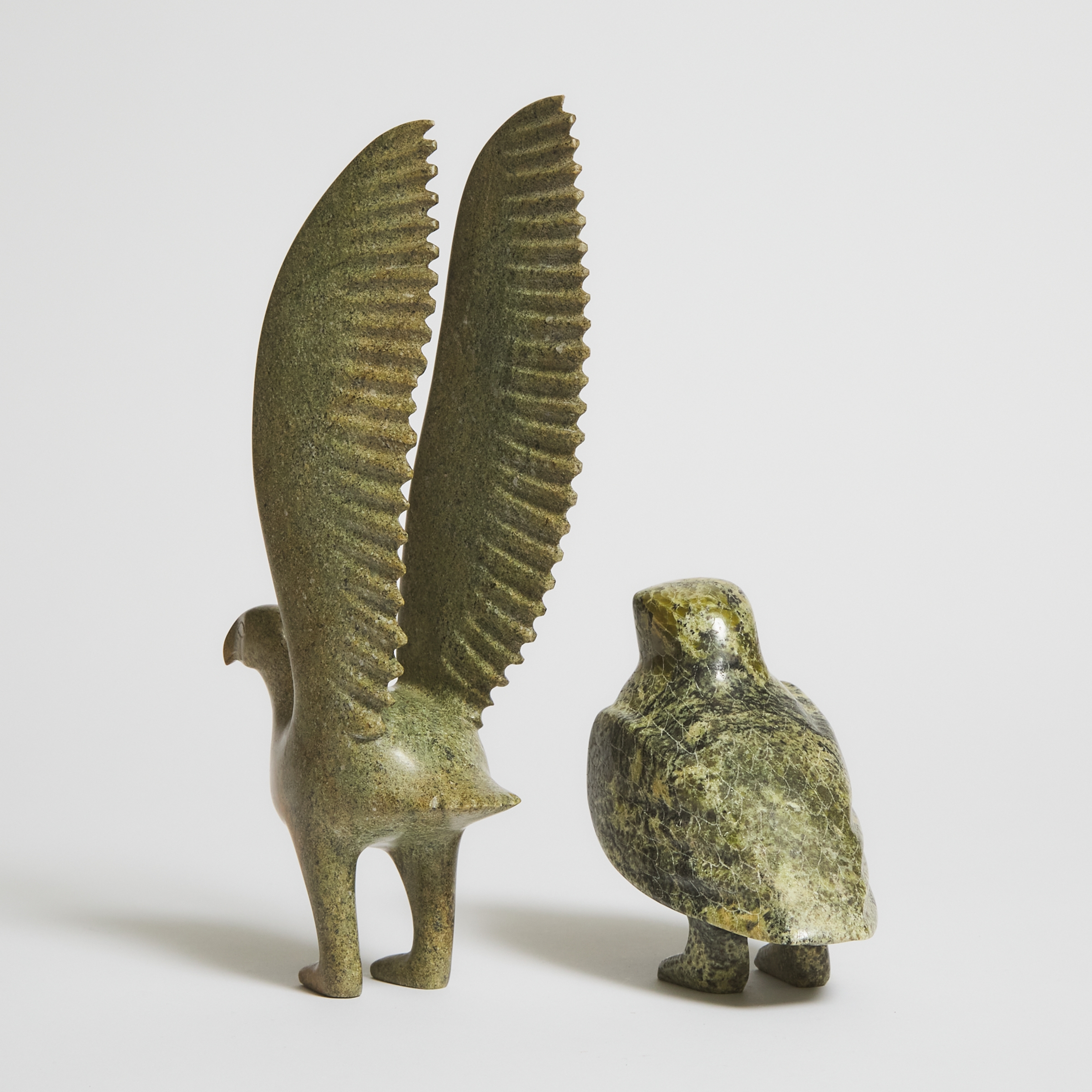 Artwork by Adla Korgak, PERCHED BIRD; BIRD WITH UPSWEPT WINGS, Made of stone