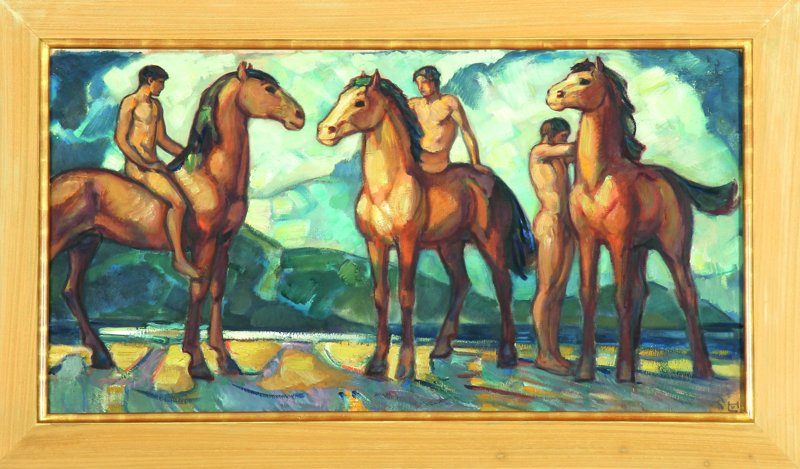 Artwork by Ludwig von Hofmann, Jünglinge mit Pferden in Gebirgslandschaft (auch: Reiter am Gestade).