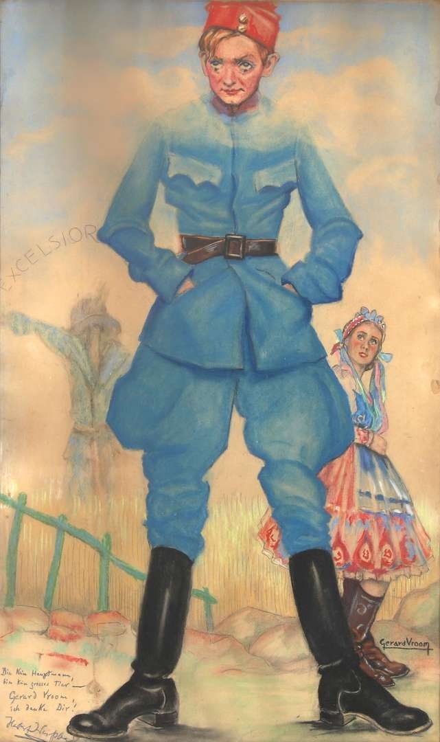 Artwork by Gerrit Jan (gerard) Vroom, Een karikatuur voorstelling met een soldaat, Made of Oliekrijt op papier