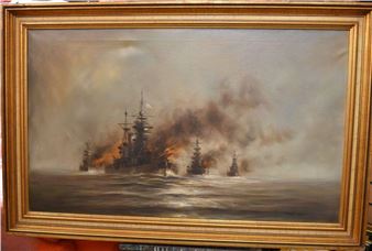 eascape scene with Naval dreadnoughts under fire - Anthony Hedges
