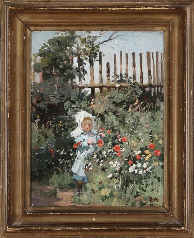Erik Ludvig Henningsen | A little girl with a bonnet in a bed of wild