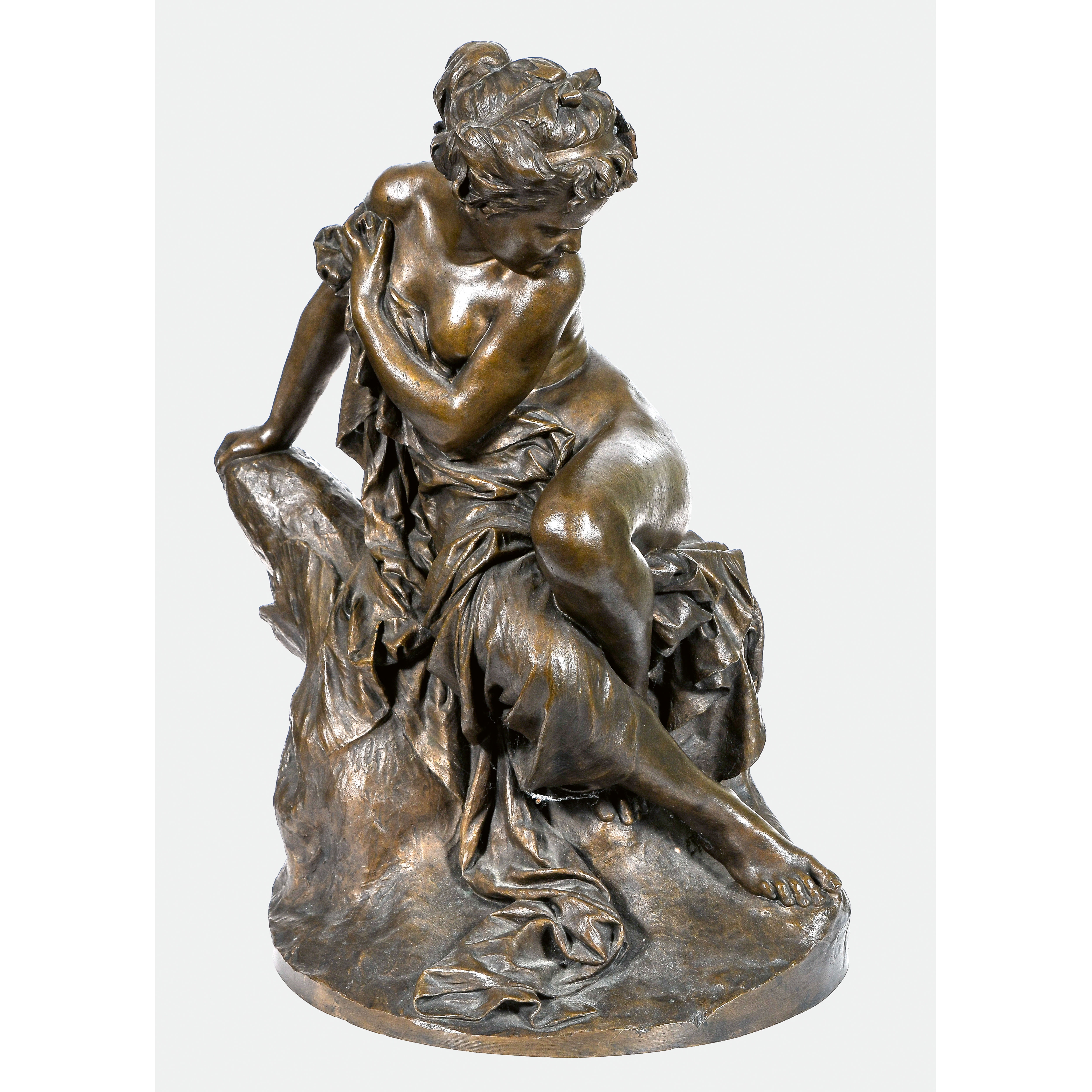 Artwork by Michael Wagmüller, Mädchen, vor einer Eidechse erschreckend, Made of patinated bronze