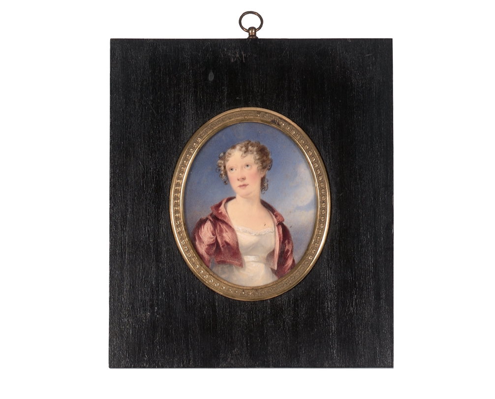 Artwork by Frederick Cruickshank, Portrait miniature ovale, non signé, représentant une jeune femme en, Made of bronze doré