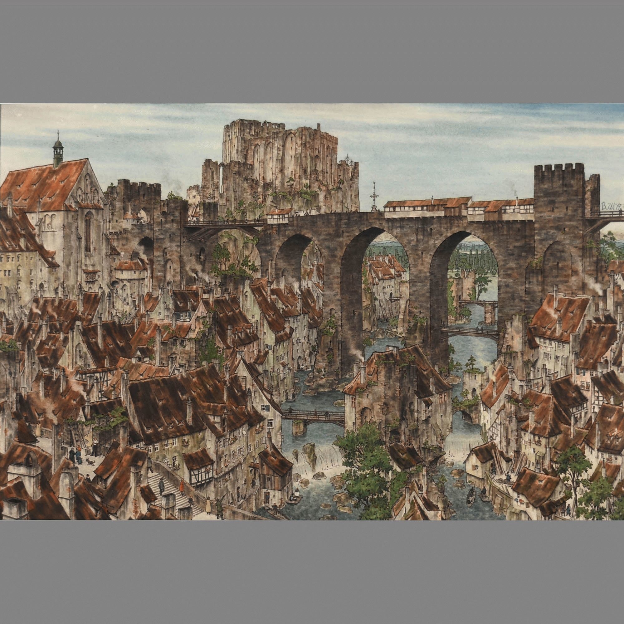 Artwork by Bernard Wolf, Imaginary landscape with bridge cross, Made of Mixed media