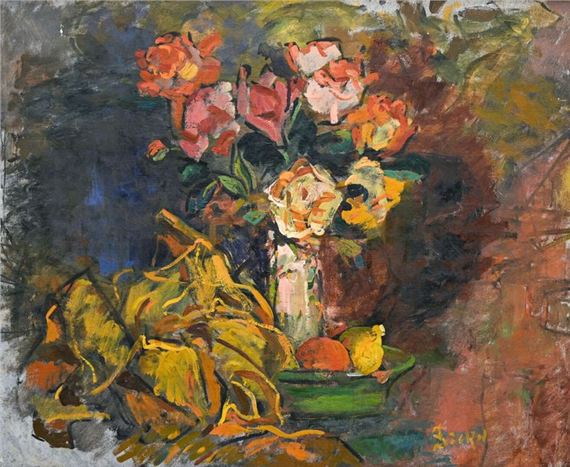 Still life with a bunch of flowers and citrus fruits by Arno Stern