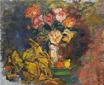 Still life with a bunch of flowers and citrus fruits - Arno Stern