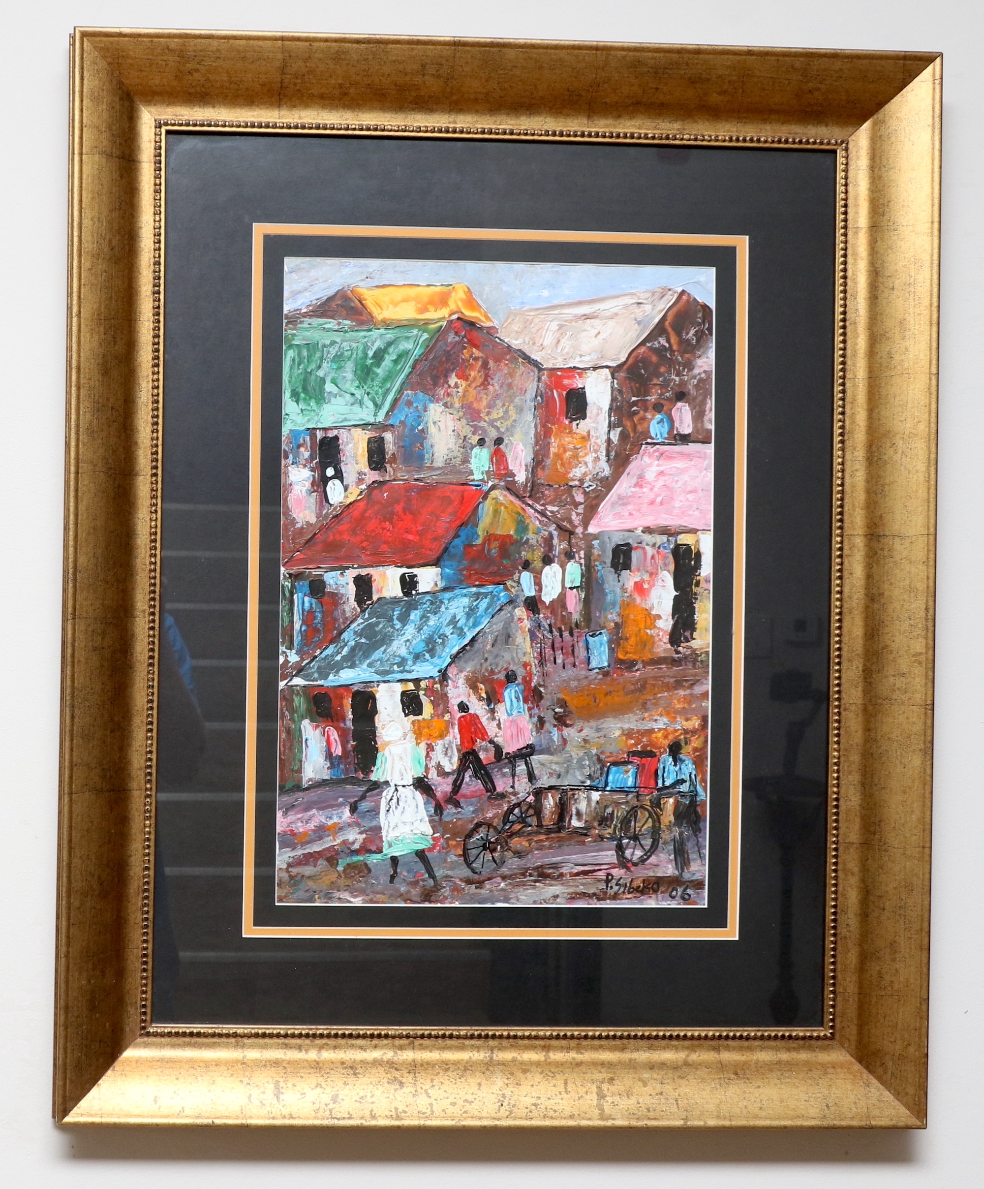 Artwork by Peter Sibeko, VIEW OVER THE TOWNSHIP, Made of oil on paper